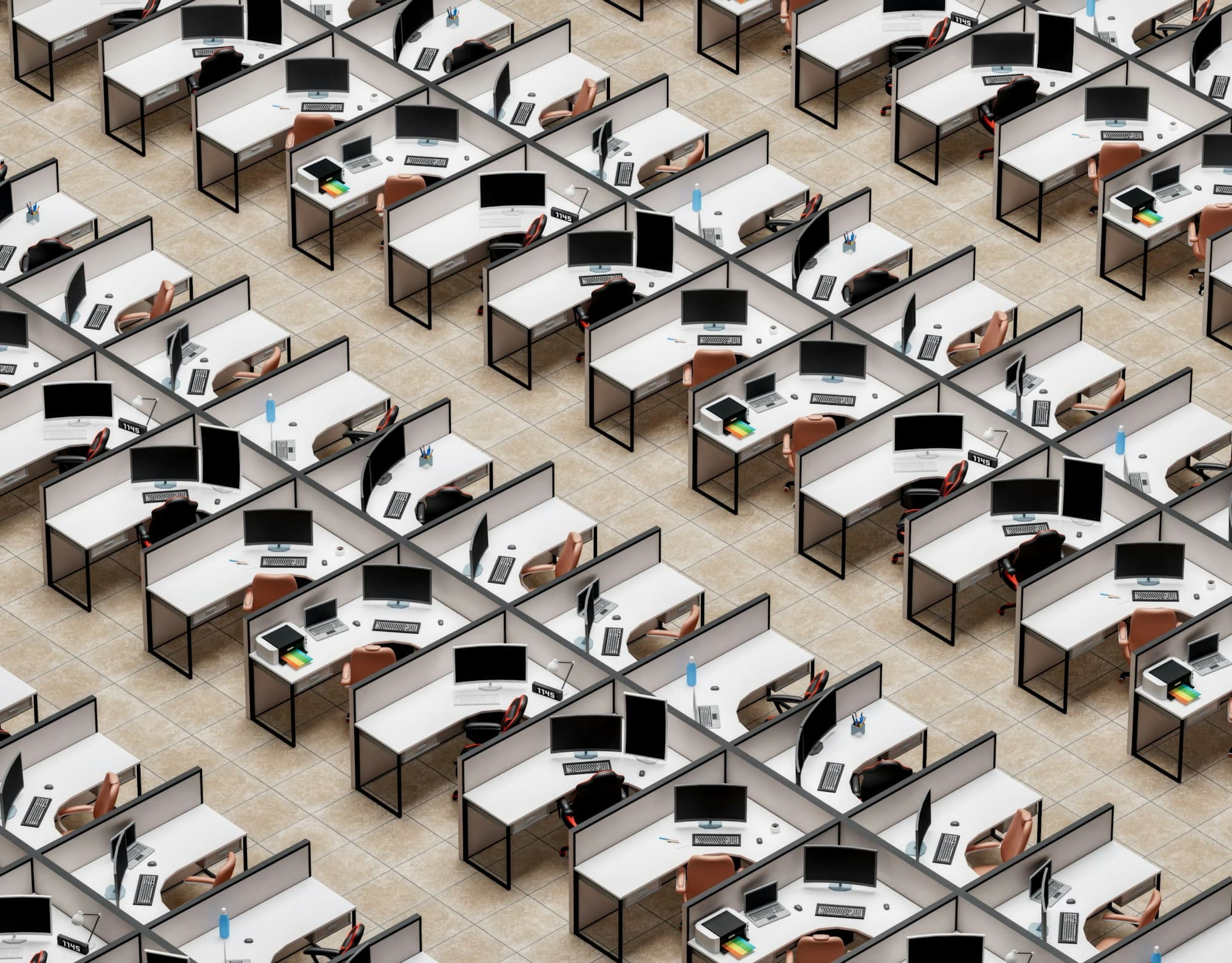 Vue en plongée d'un plateau de bureaux aligné en rangées régulières